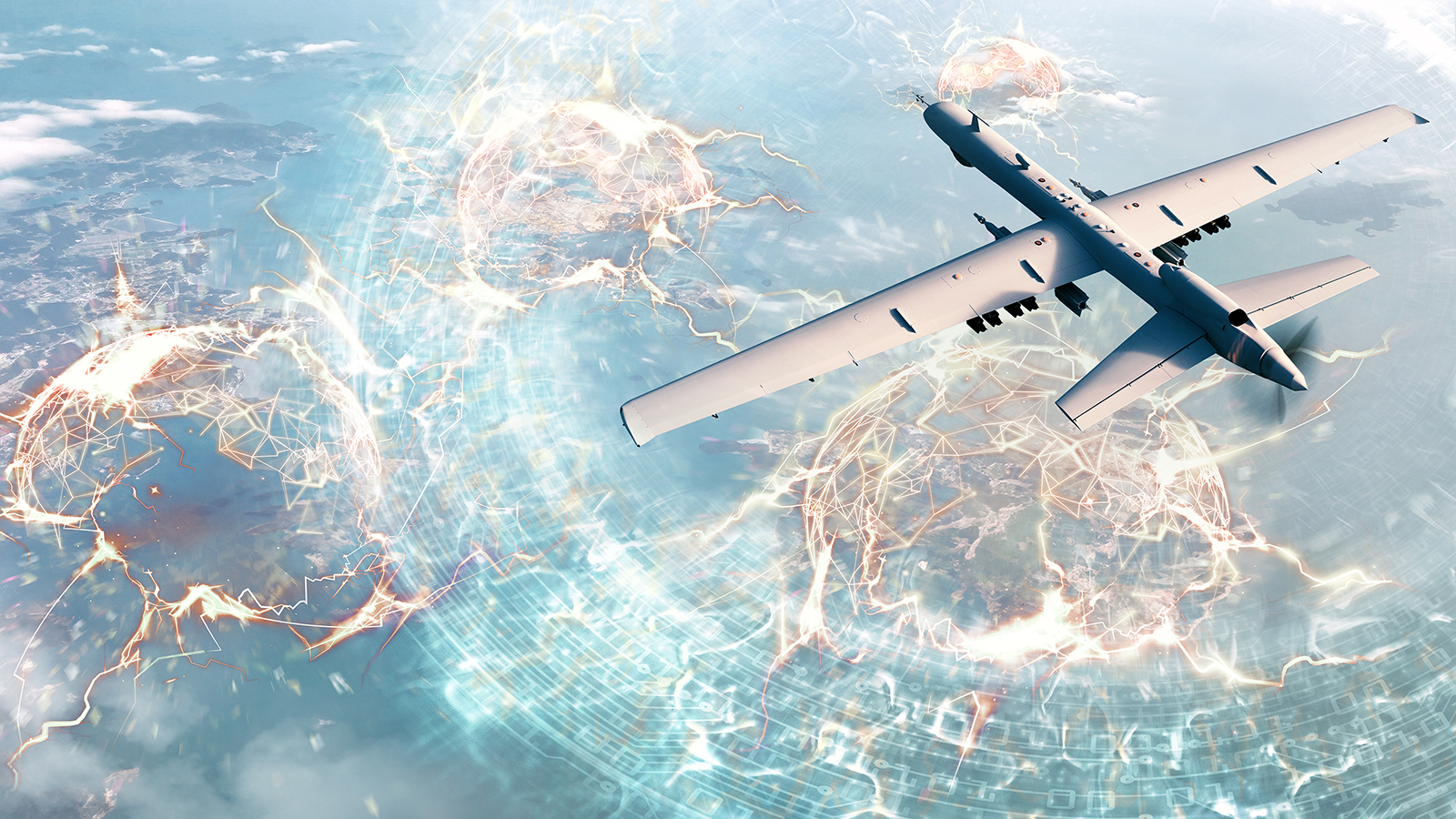 Illustrated concept image of a UAV using BAE System’s NightshadeTM electromagnetic attack solution to disable adversary command and control networks.